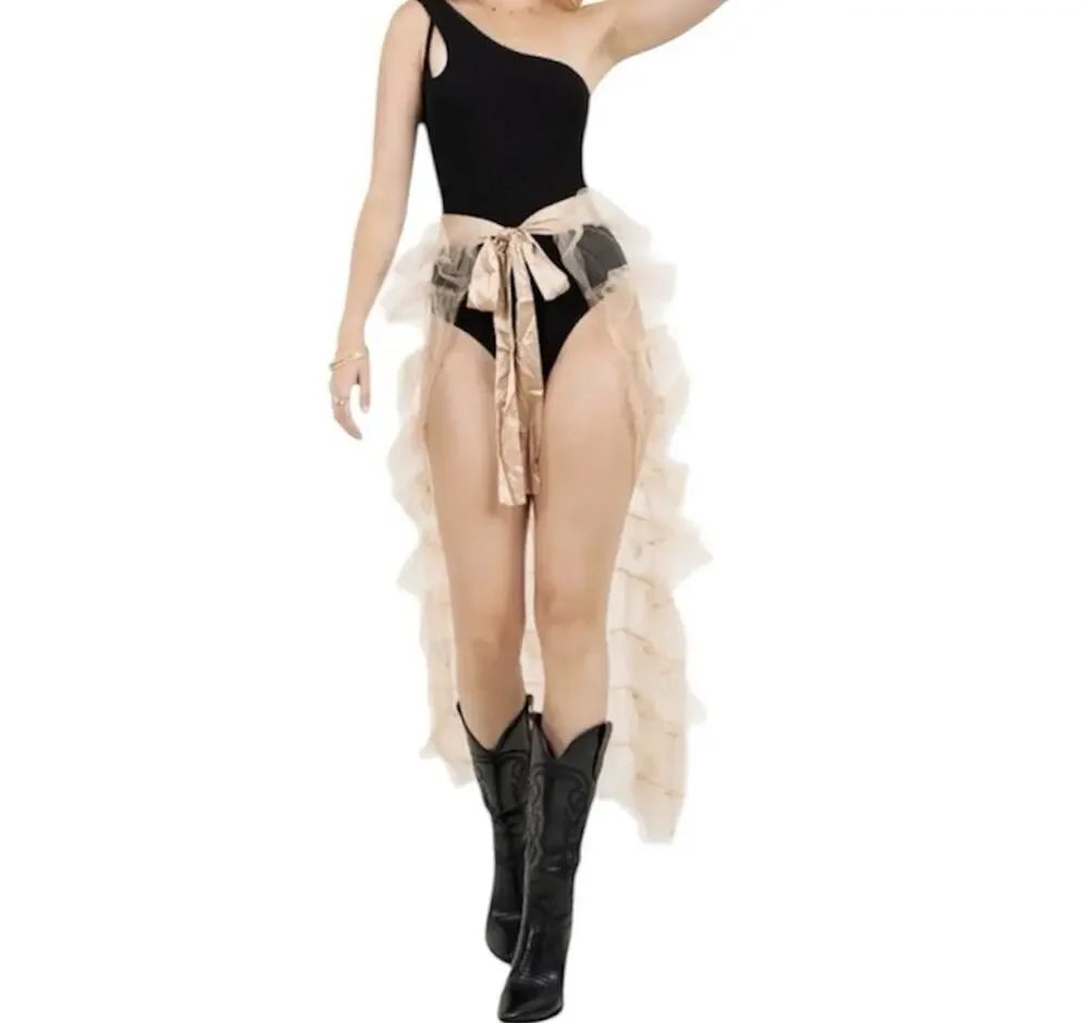Tiered Tulle Ruffle Sheer Pettiskirt Skirt Tie Front Size L Cream Coquette NWT